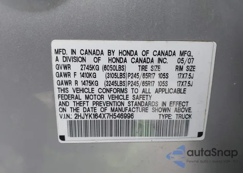2007 Honda Ridgeline Rts z USA, uszkodzony, nr VIN 2HJYK164X7H546996